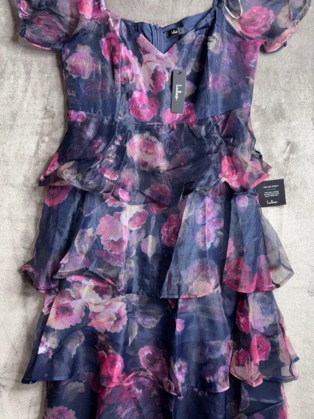 Lulu's Navy Floral Tiered Midi Dress with Puff Sleeves